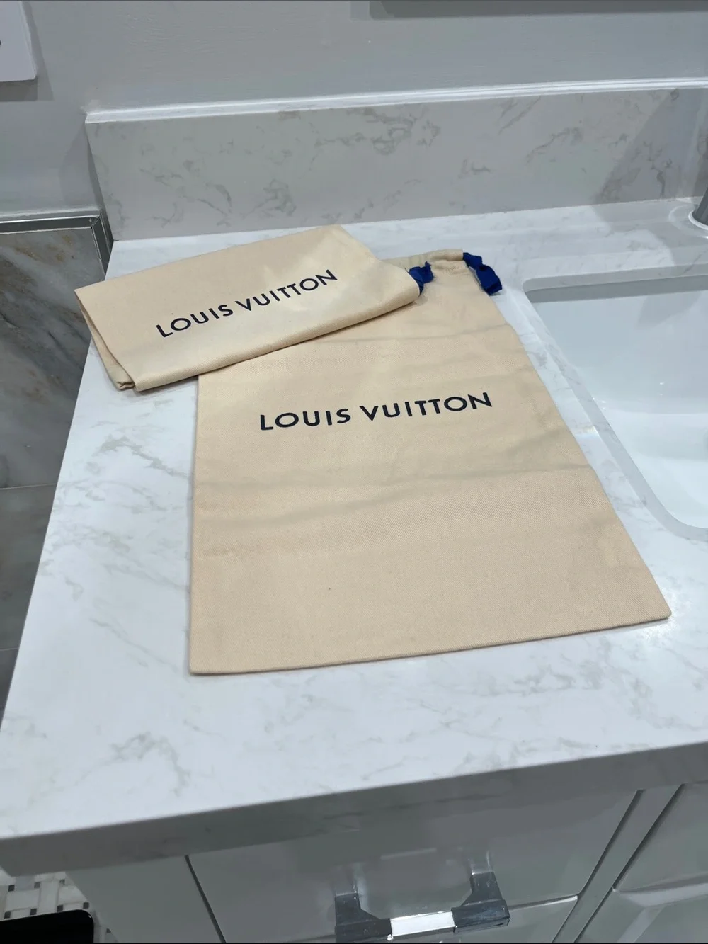 Louis Vuitton Cream Dust Bags with Navy Logo and Drawstrings